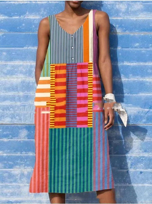 Sleeveless Loose A- Line Dress V-neck