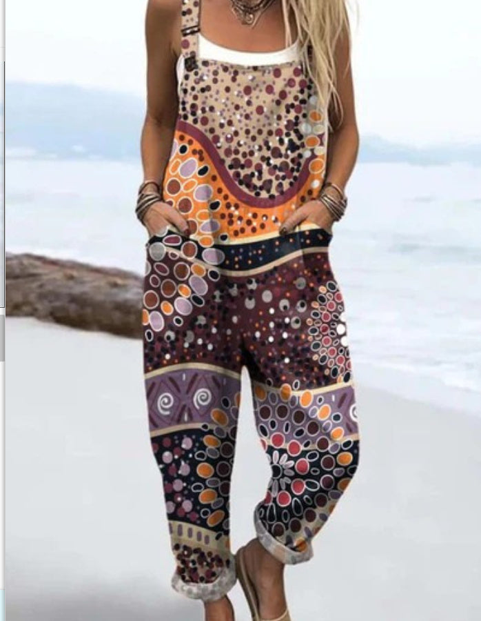 Digital Printing Button Casual Suspender Trousers