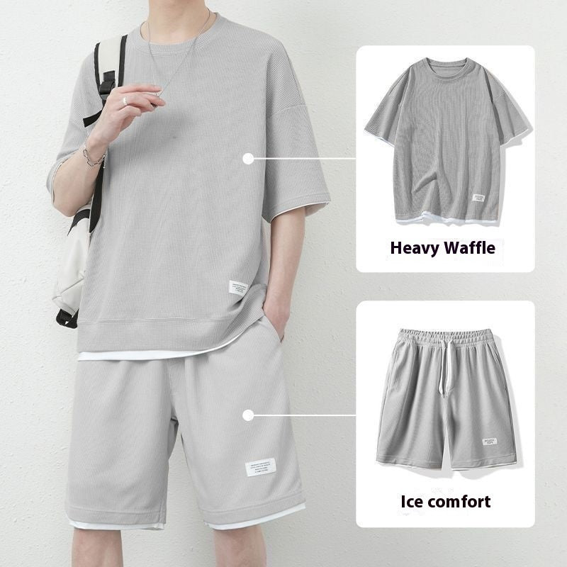Waffle Sports Suit Men's Top And Shorts Two-piece Set