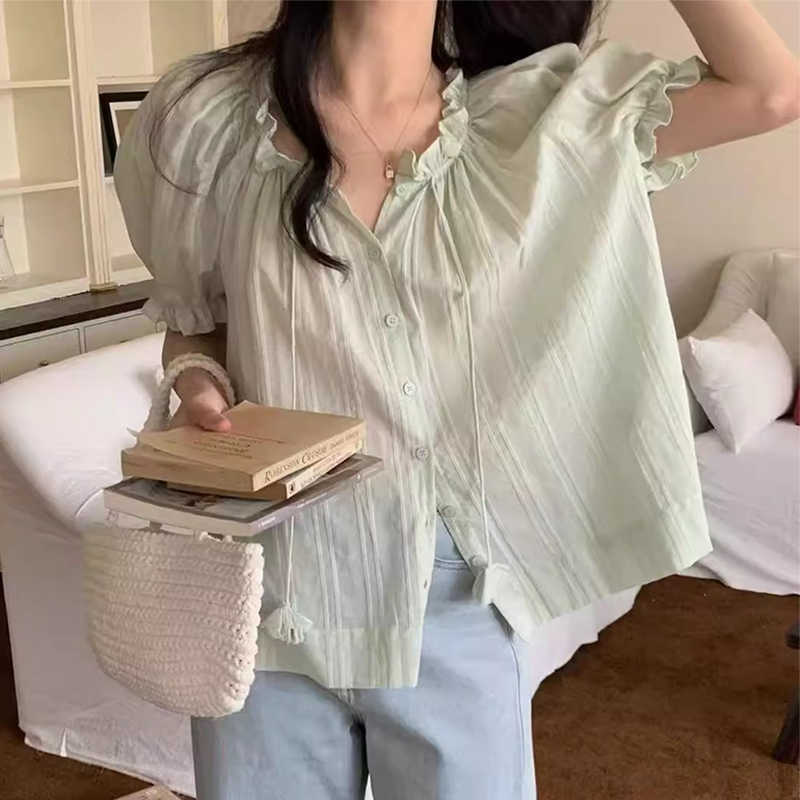 Women's Drawstring Wooden Ear Design Loose Puff Sleeves Shirt