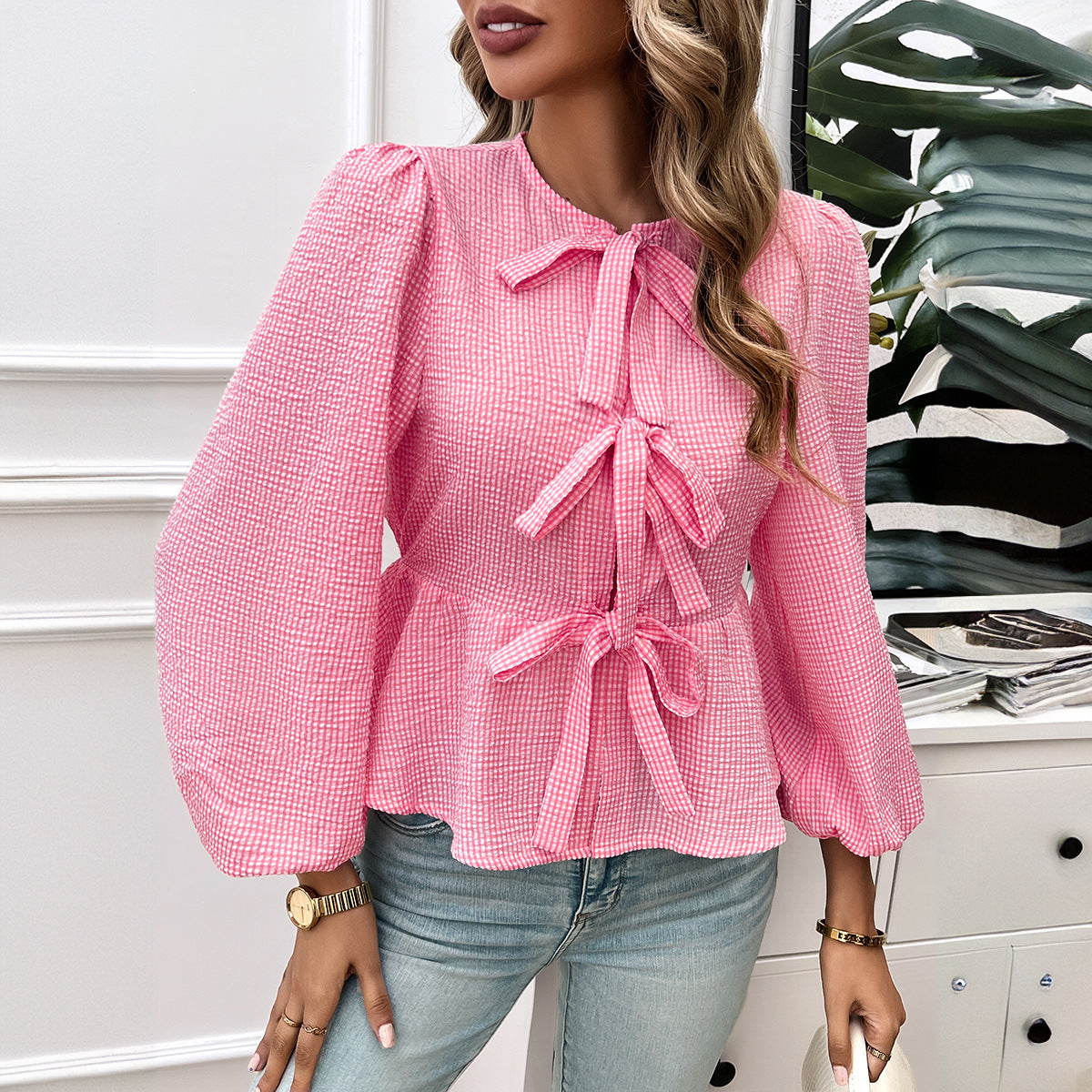 Elegant Design Contrast Color Tied Long Sleeves Shirt