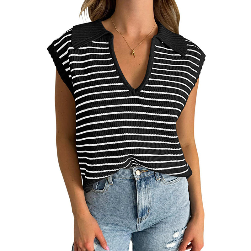 Women's V Neck Cap Sleeve Sweater Vest Sleeveless Collared Striped Knit Tank Tops