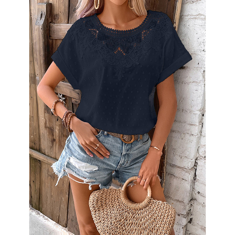 Womens Summer Tops Trendy Lace Floral Crew Neck Short Sleeve T Shirts Dressy Casual Blouses
