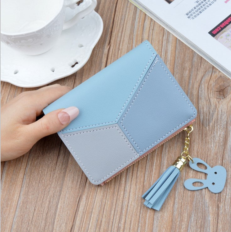 Stitching contrast color short wallet fringe zipper multi-card position purse