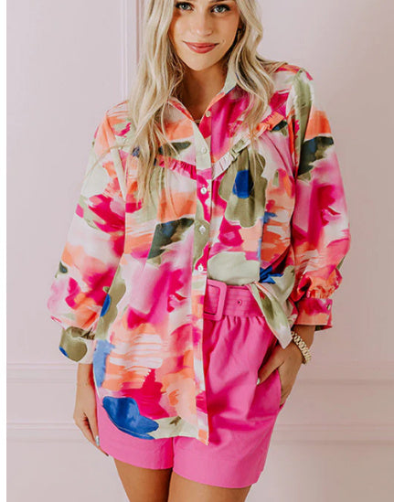 Rose Abstract Print Ruffled Puff Sleeve Shirt