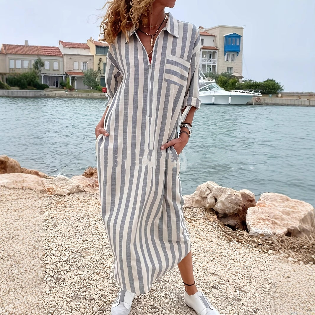 Cotton And Linen Breathable Casual Loose Striped Women's Short-sleeved Shirt