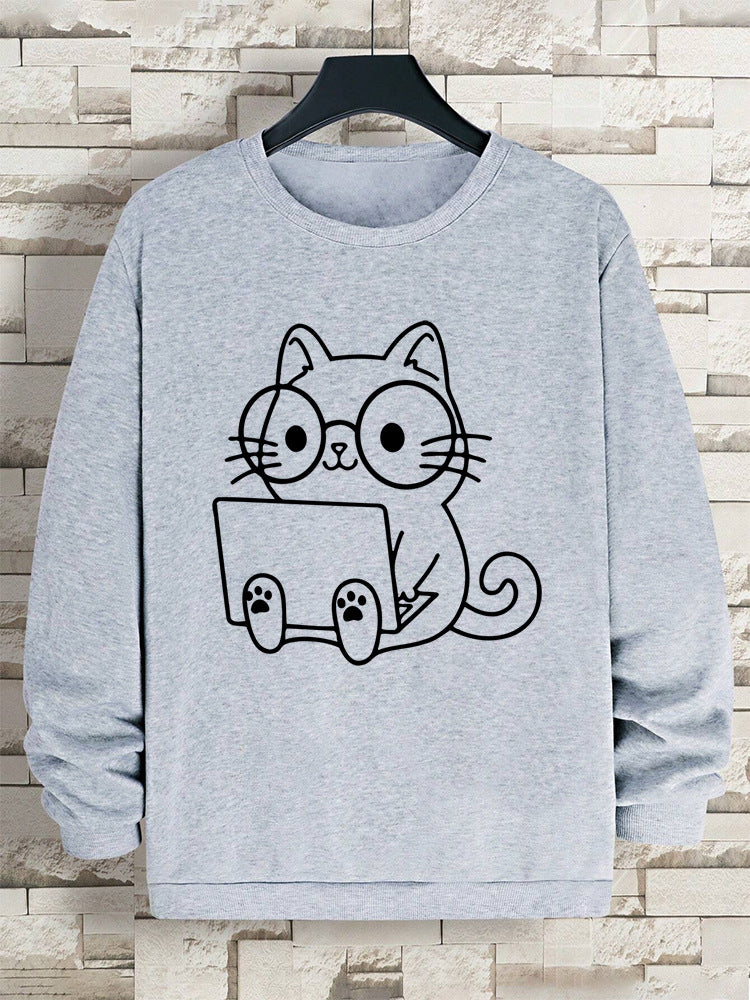 Gentleman Cat At Work Printed Men's Sweatshirt Hip Hop Loose