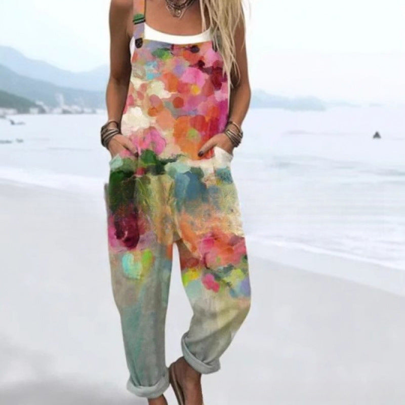 Digital Printing Button Casual Suspender Trousers