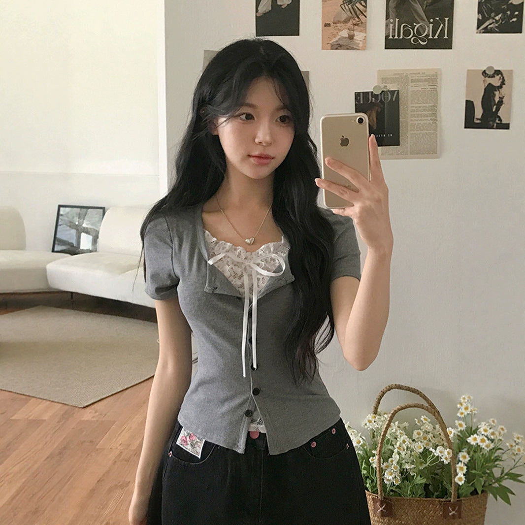 Pure Girl Lace Stitching Tied Square Collar Short Sleeve T-shirt