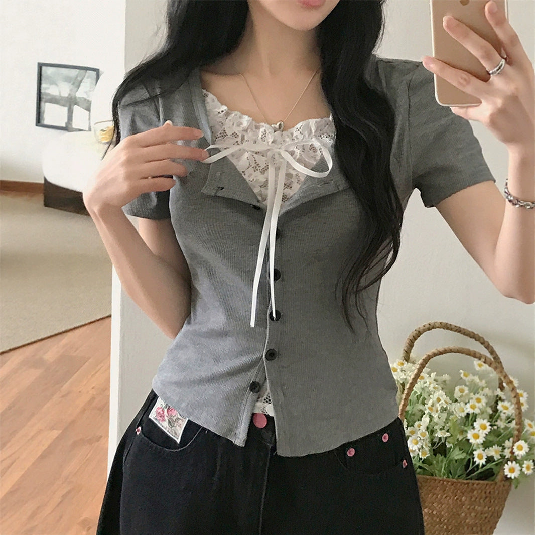Pure Girl Lace Stitching Tied Square Collar Short Sleeve T-shirt