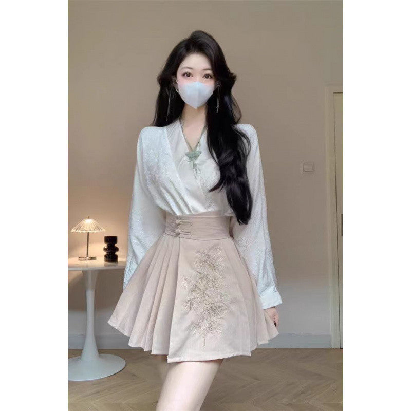 Chinese Style Traditional Chinese Knot Button Top Pleated Horse-face Skirt Two-piece Set