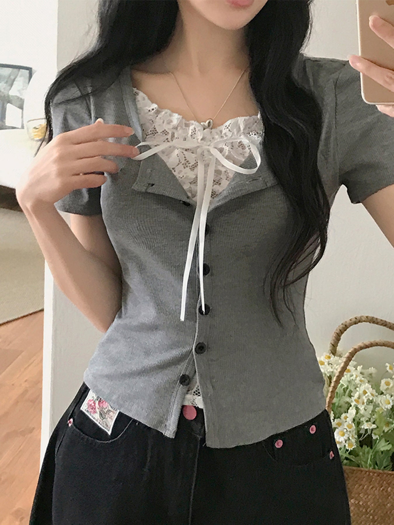 Pure Girl Lace Stitching Tied Square Collar Short Sleeve T-shirt