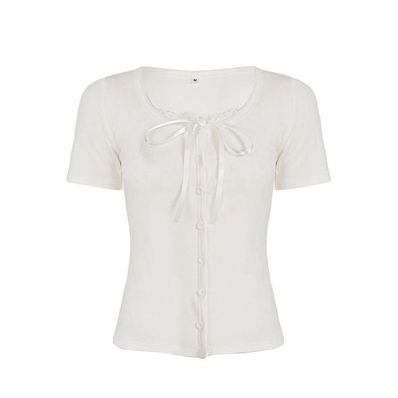 Pure Girl Lace Stitching Tied Square Collar Short Sleeve T-shirt