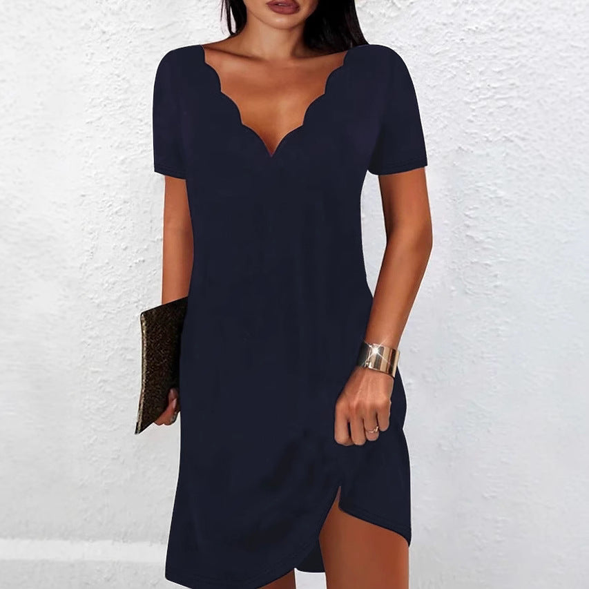 Women's Solid Color Wave V-neck Short Sleeve Dress