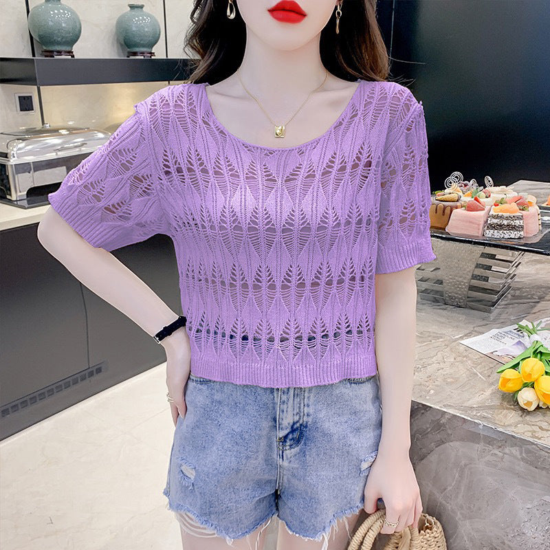 Hollow-out Ice Silk Sweater Short Sun-drying Shirt Top Short Sleeve