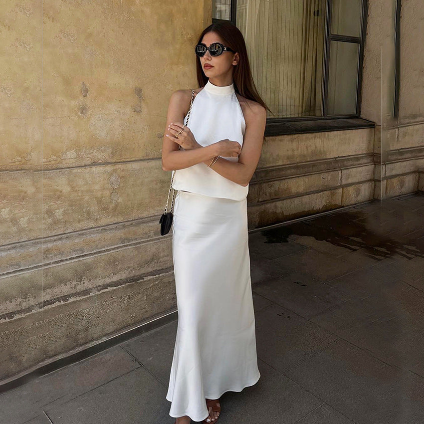 White Sleeveless Halter Vest Fishtail Skirt Suit