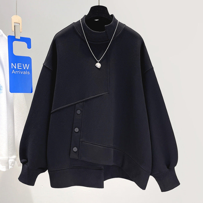 Women's Mock Neck Hoodie Short Spring And Autumn Loose Thick Coat Top