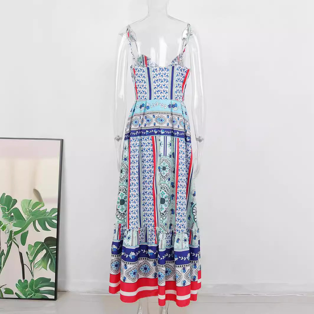 Green Printing High Slit European And American Vacation Style Long Sling Dress