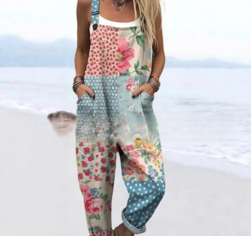 Digital Printing Button Casual Suspender Trousers