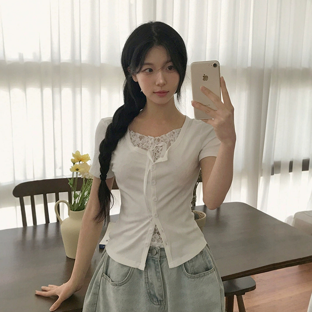 Pure Girl Lace Stitching Tied Square Collar Short Sleeve T-shirt