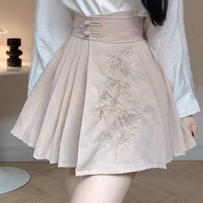 Chinese Style Traditional Chinese Knot Button Top Pleated Horse-face Skirt Two-piece Set