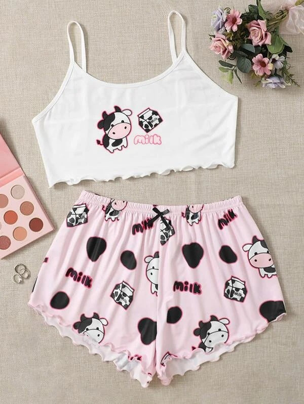 Knitted Vest Camisole Pattern Printing Comfortable Thin Women's Pajamas Suit