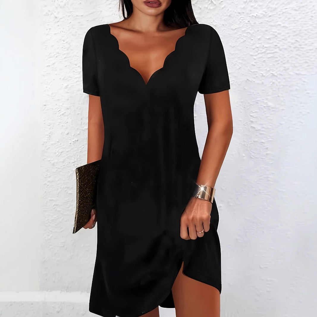 Women's Solid Color Wave V-neck Short Sleeve Dress