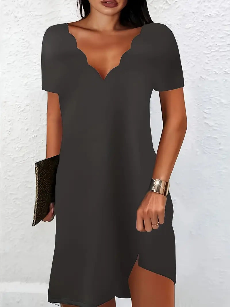 Women's Solid Color Wave V-neck Short Sleeve Dress