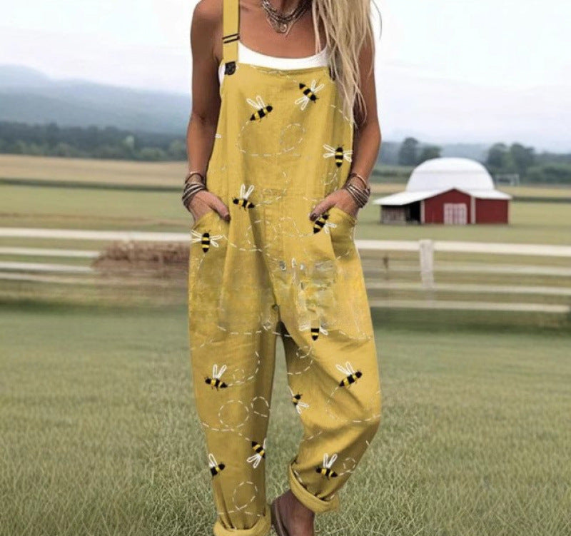 Digital Printing Button Casual Suspender Trousers