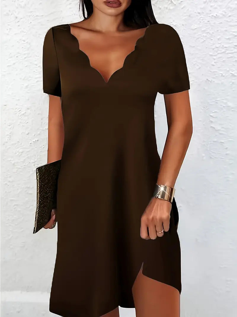 Women's Solid Color Wave V-neck Short Sleeve Dress