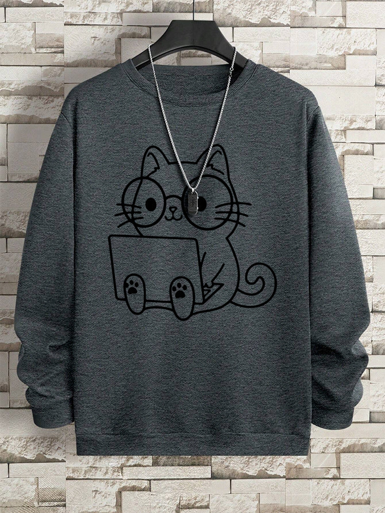 Gentleman Cat At Work Printed Men's Sweatshirt Hip Hop Loose