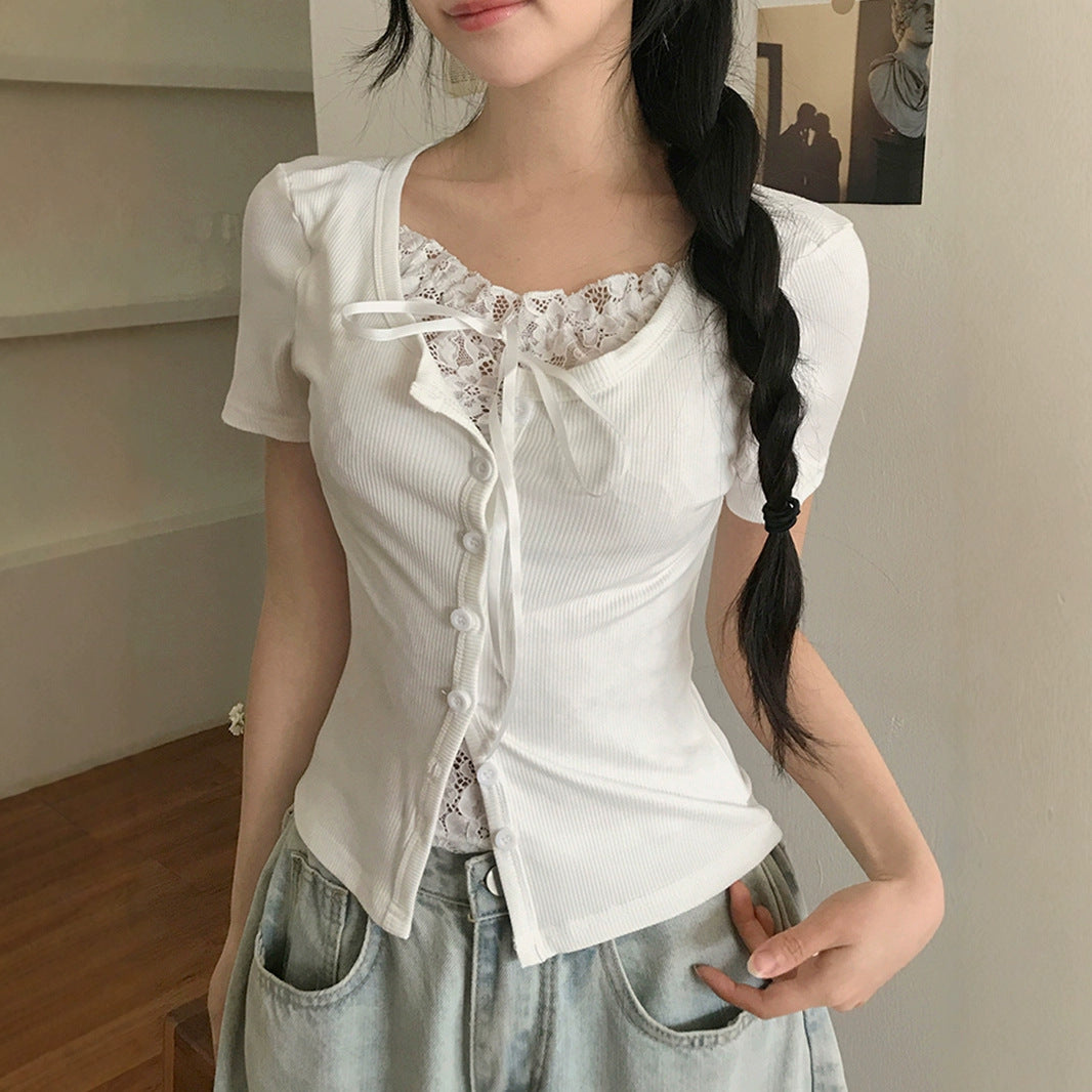 Pure Girl Lace Stitching Tied Square Collar Short Sleeve T-shirt