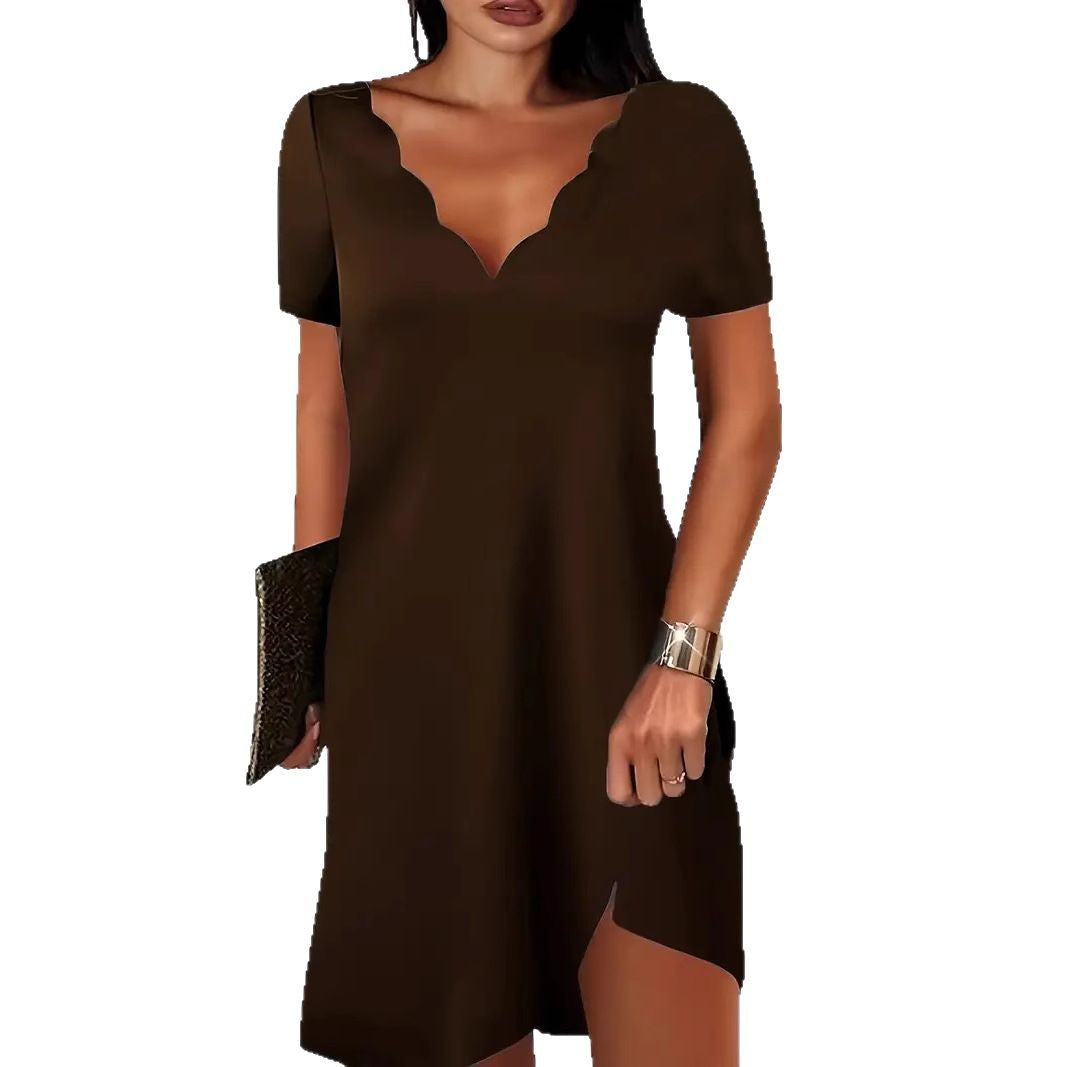 Women's Solid Color Wave V-neck Short Sleeve Dress