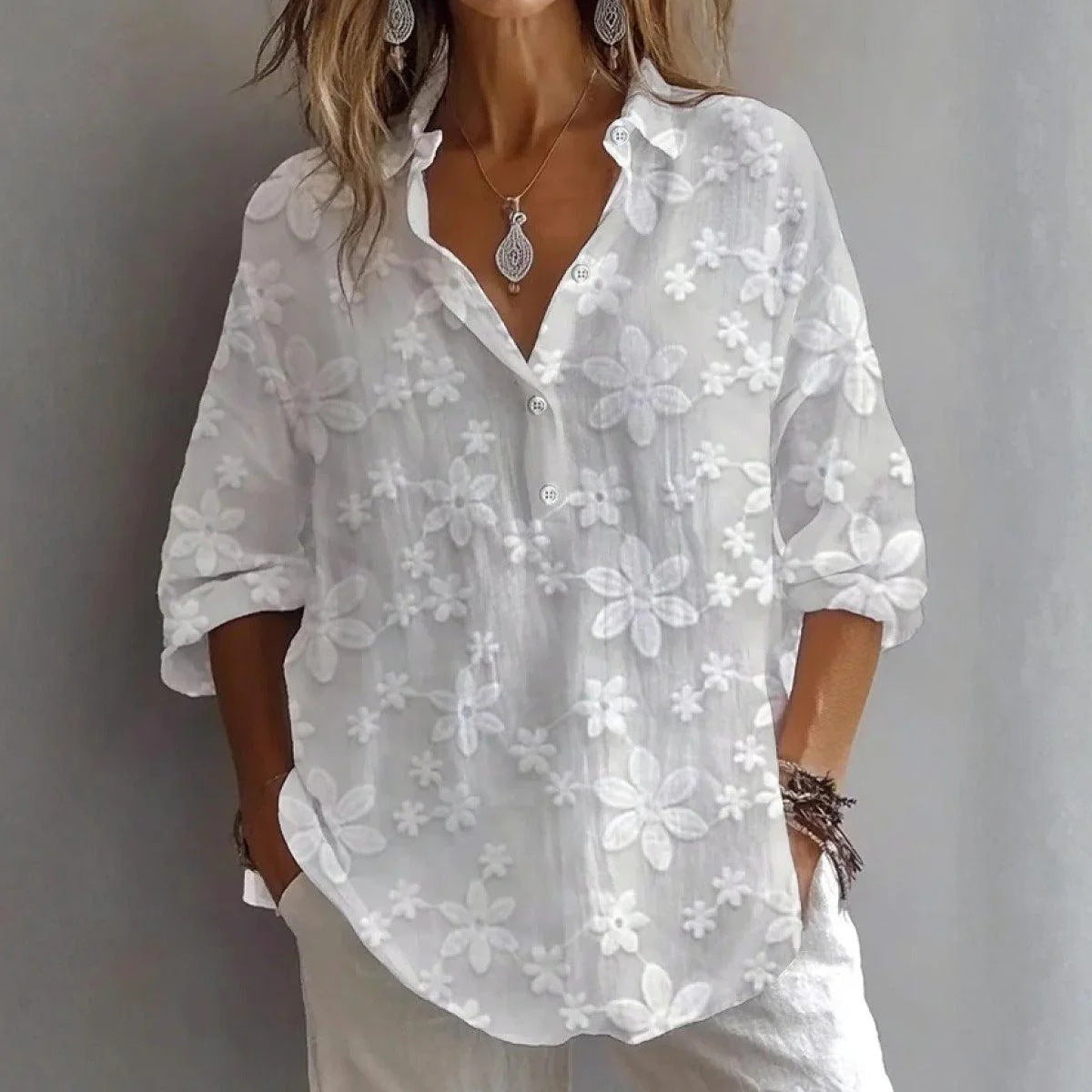 Spring And Autumn Cotton Jacquard Top 7-quarter Sleeve Top