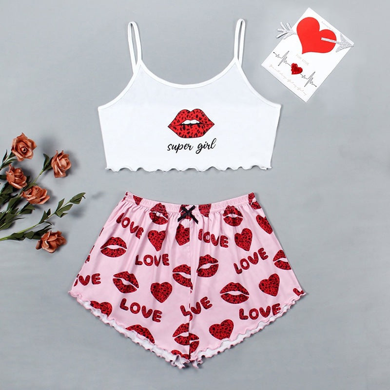 Knitted Vest Camisole Pattern Printing Comfortable Thin Women's Pajamas Suit