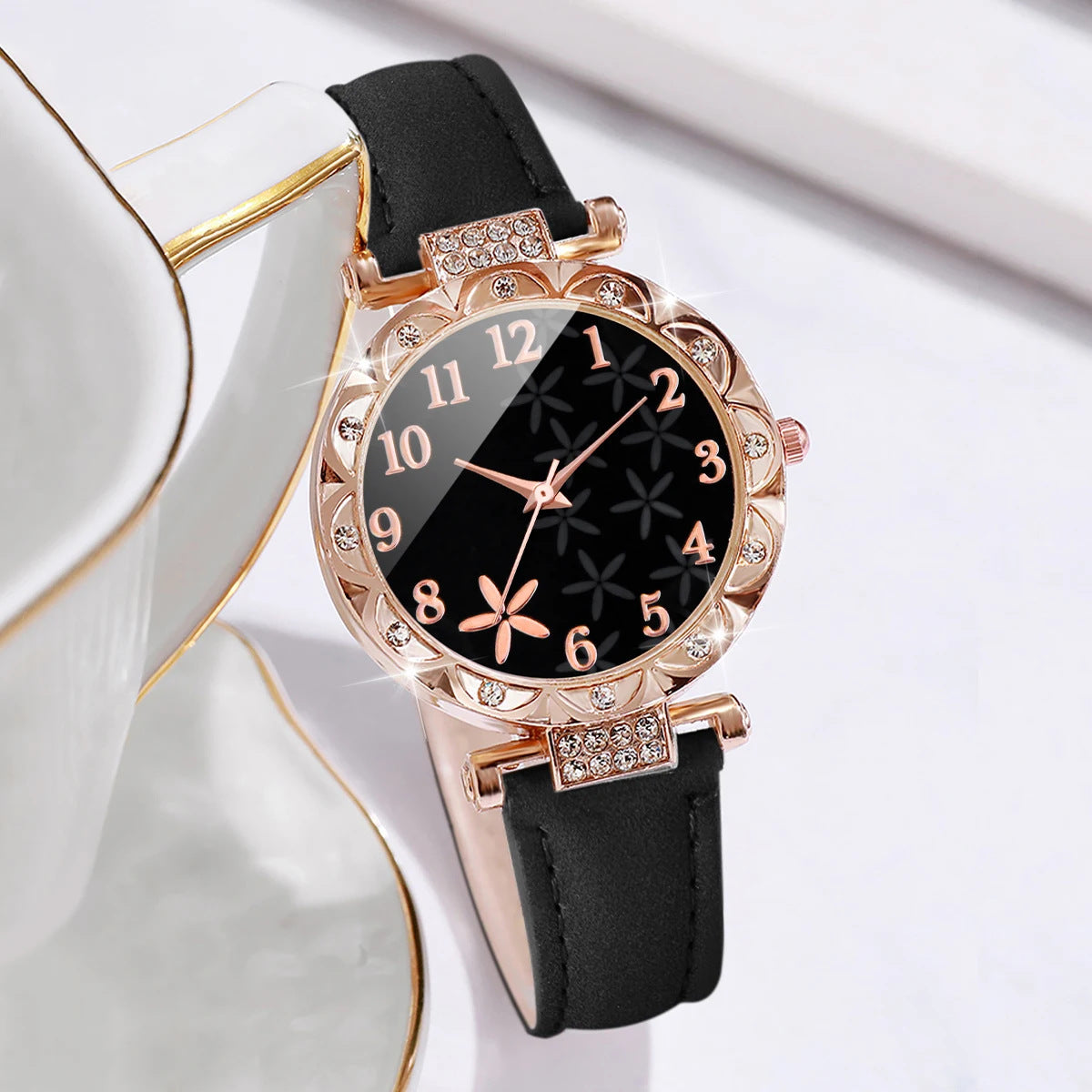 Elegant Floral Quartz Watch Set for Women – Stylish Watch with Crystal Bracelet