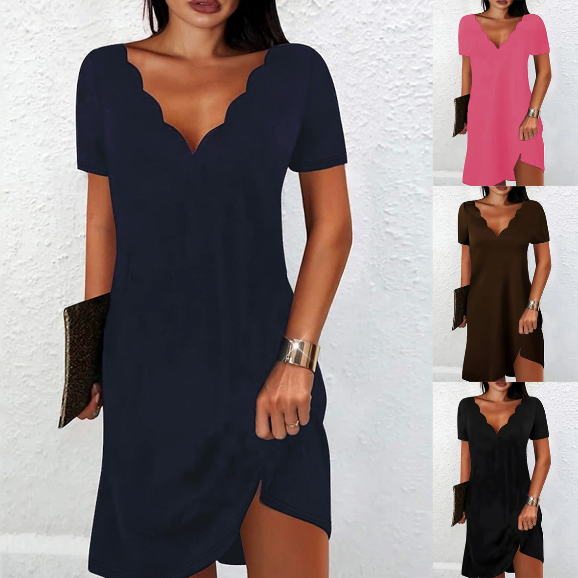 Women's Solid Color Wave V-neck Short Sleeve Dress