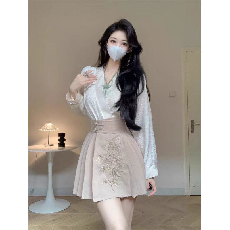 Chinese Style Traditional Chinese Knot Button Top Pleated Horse-face Skirt Two-piece Set