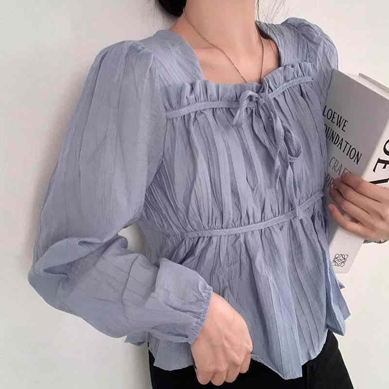 Retro Square Collar Lace Pleated Waisted Long-sleeved Shirt