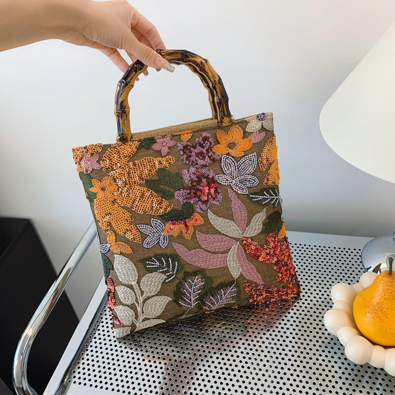 Colorful Sequins Vintage Embroidered Bamboo Handbag