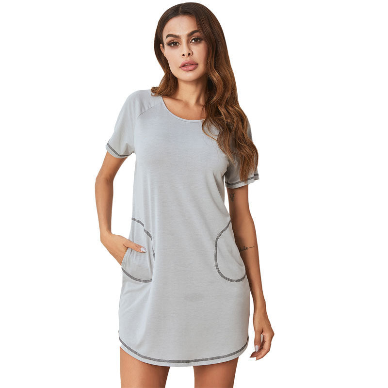 Home Casual Round Neck Loose Pockets Nightdress For Women