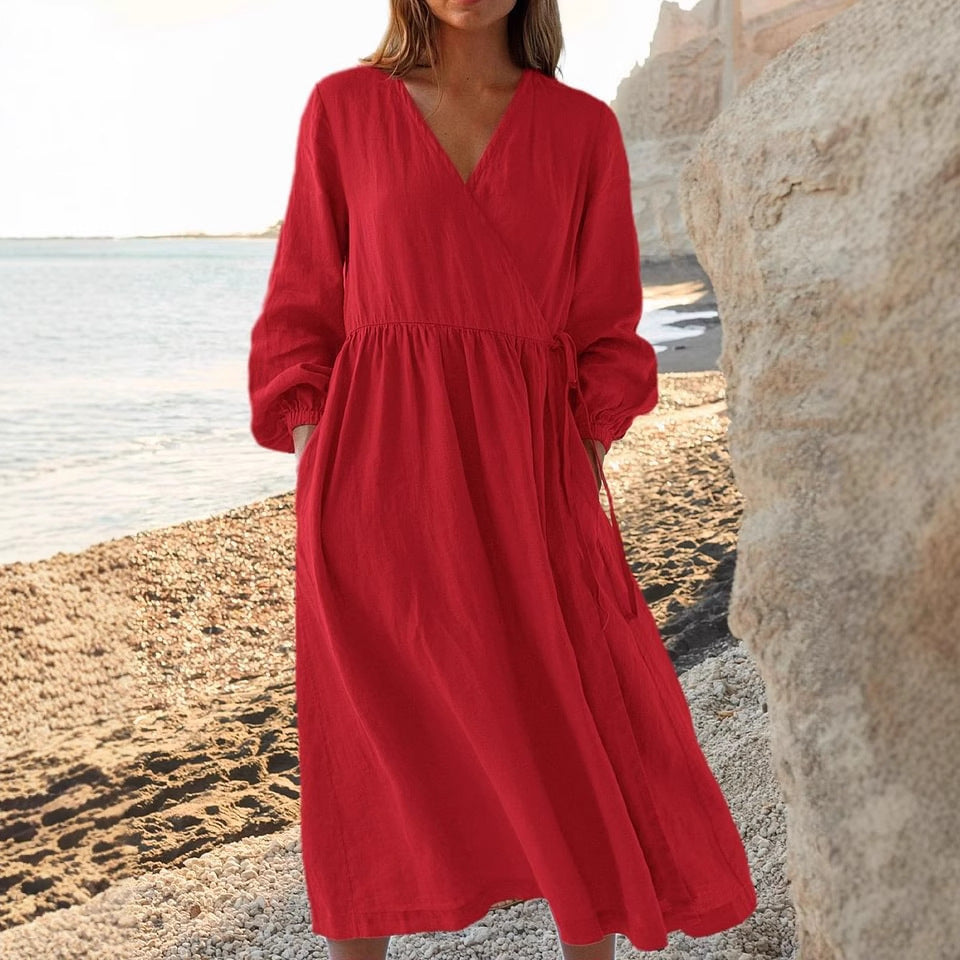 Solid Color Loose Cotton And Linen Dress