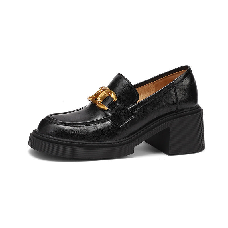 Sheepskin Preppy Style Metal Buckle High Heel Loafers Women