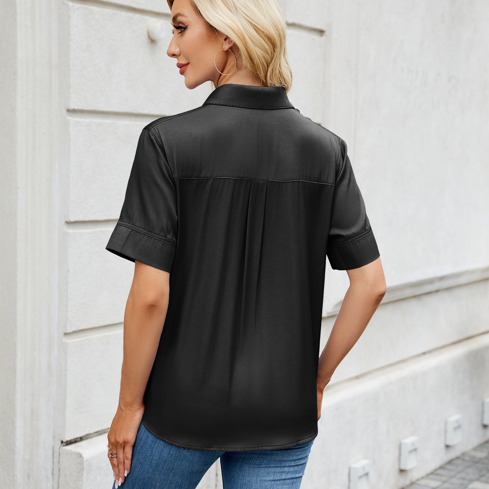 Women's One Breasted Faux Denim Short Sleeve Loose Shirt