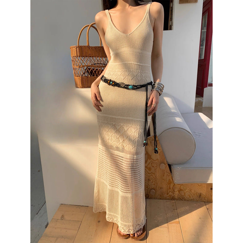 French Hollow Woven V-neck Knitted Sling Dress