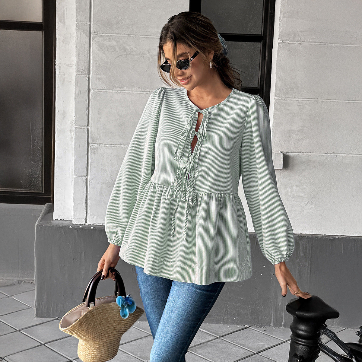 Elegant Striped Long Sleeve Tied T-shirt Shirt Women's Clothing