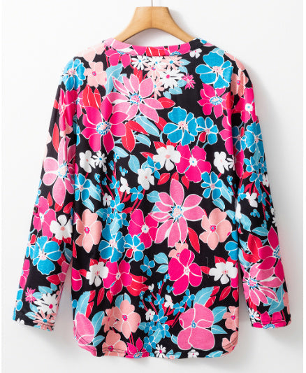 Floral V Neck Roll Tab Sleeve Blouse