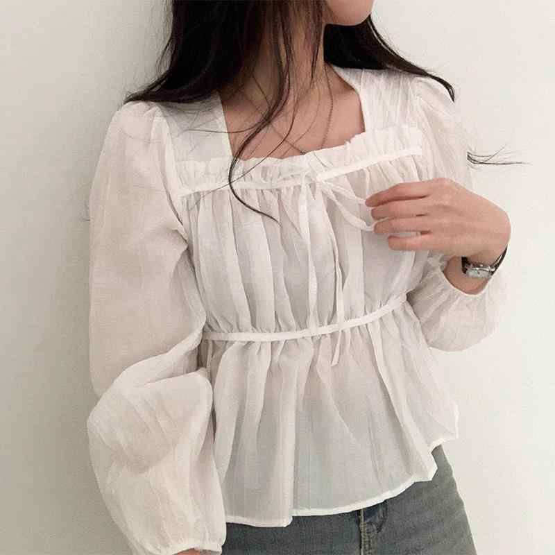 Retro Square Collar Lace Pleated Waisted Long-sleeved Shirt