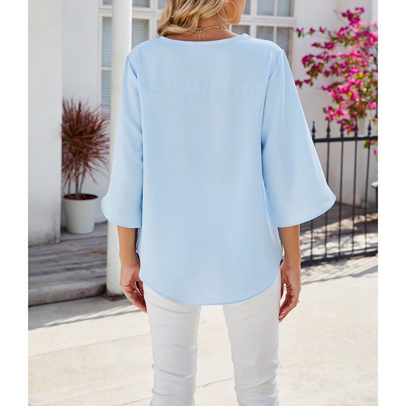 Women's Chiffon Blouses 3 4 Sleeve Summer Dressy Tunic Tops Casual Loose V Neck T-Shirts