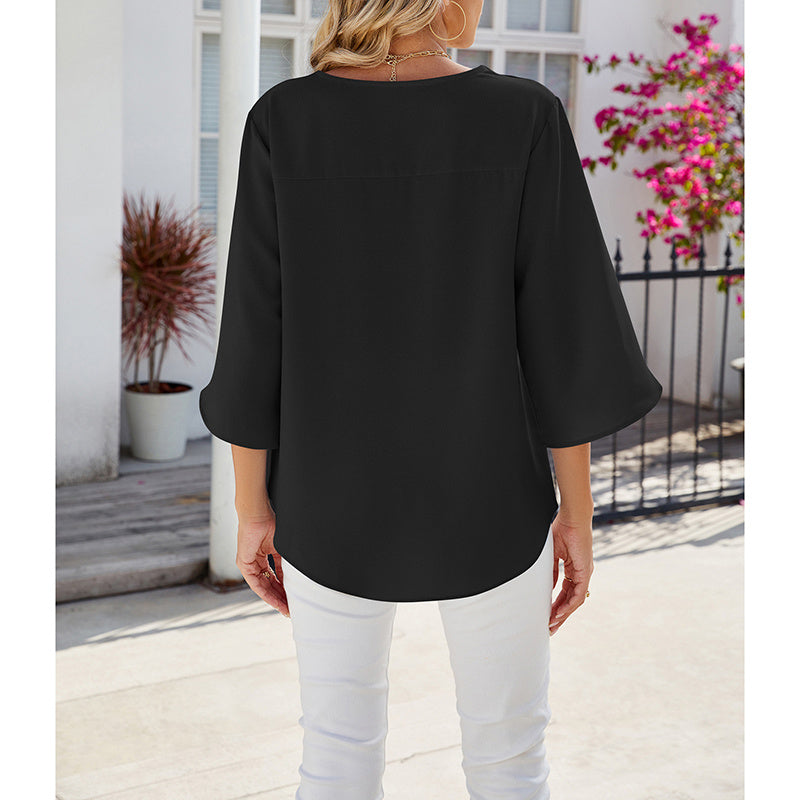 Women's Chiffon Blouses 3 4 Sleeve Summer Dressy Tunic Tops Casual Loose V Neck T-Shirts